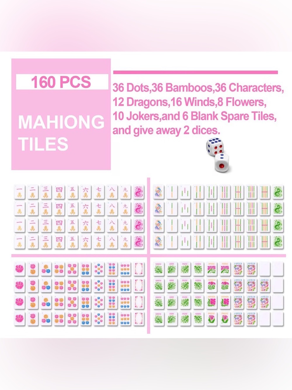 Ceenna Pink American Mahjong Tiles with FREE Mesh Game Tile Pouch - Picture 5 of 6